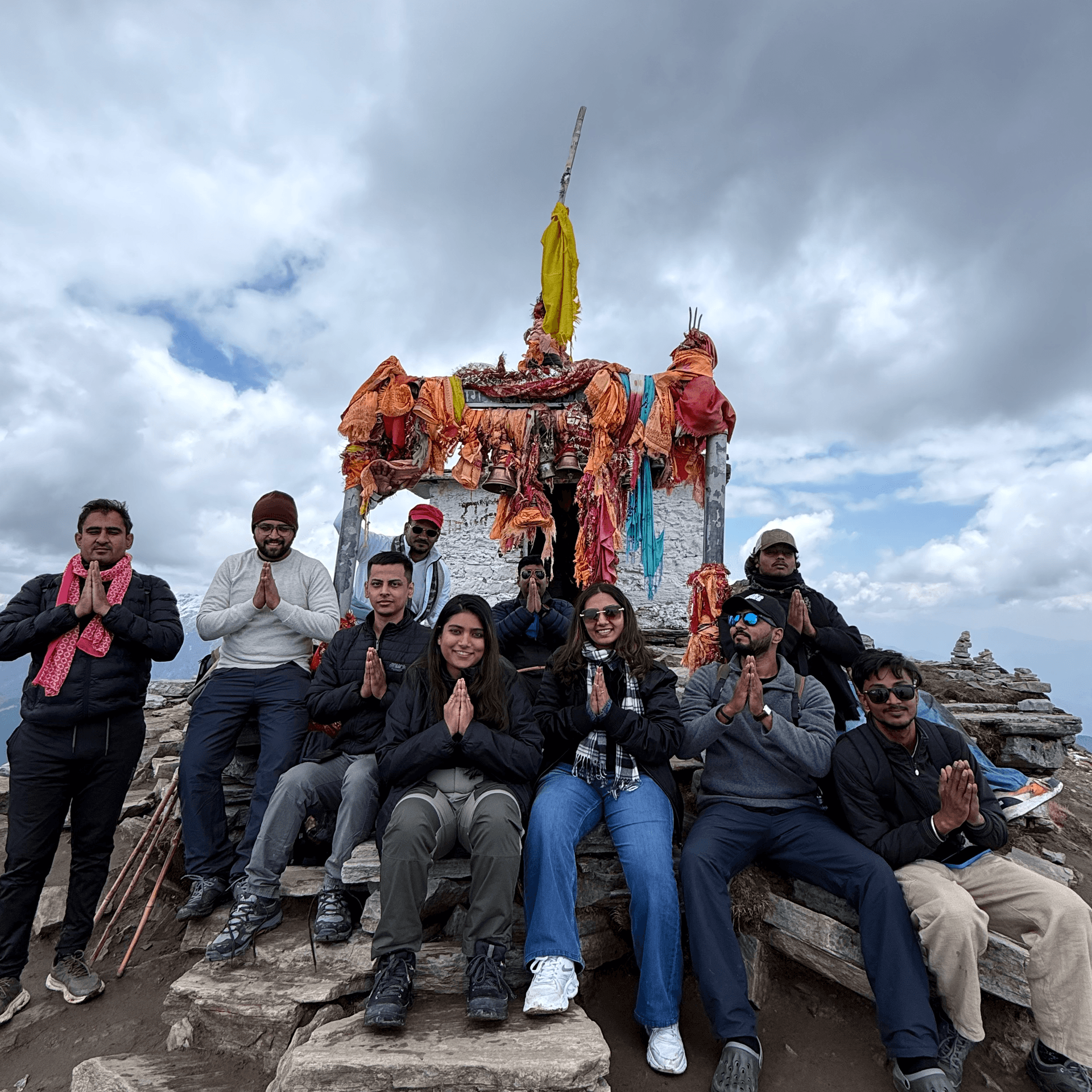 Chopta Tungnath group portrait in a mountain camp setting