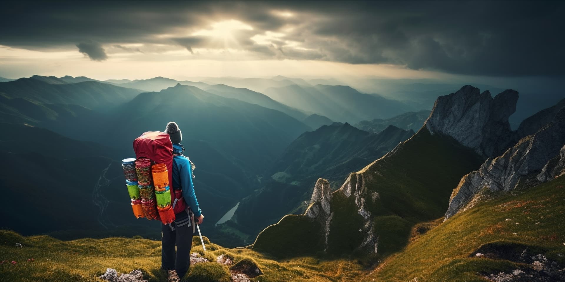 Backpacker looking across a mountain horizon